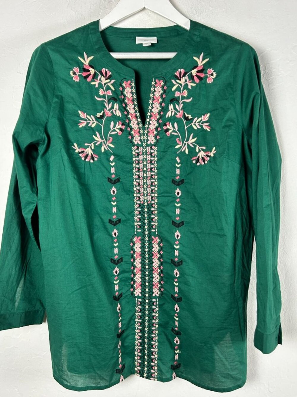 J. Jill Womens Green Embroidered Split Neck Tunic Top Medium Floral Cotton NWOT